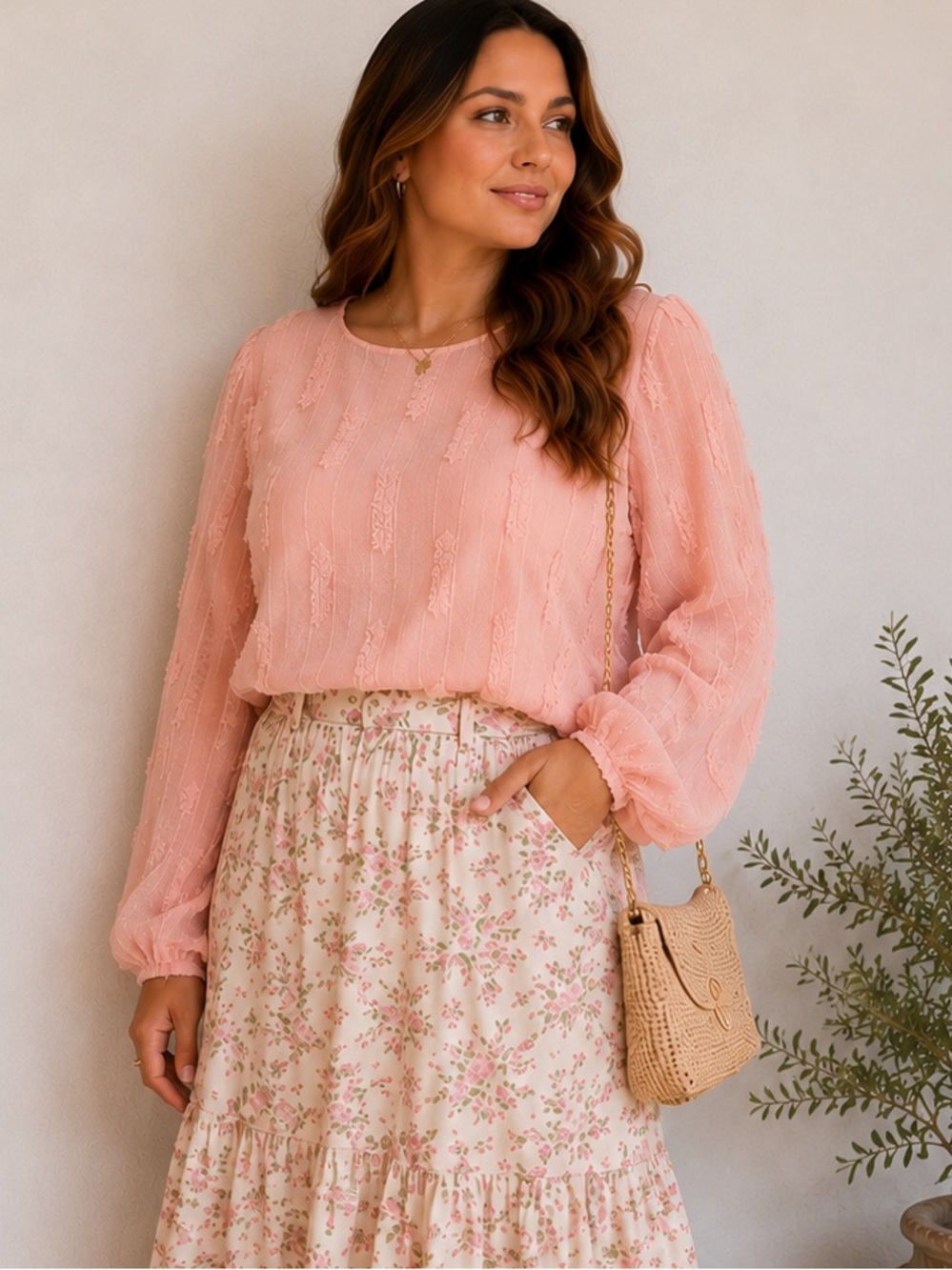 Pink Textured Balloon Sleeve Blouse Large NWOT